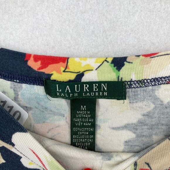 LAUREN RALPH LAUREN Top M Ribbed Floral Boat Neck Cuffed Sleeve Blue - Picture 9 of 12